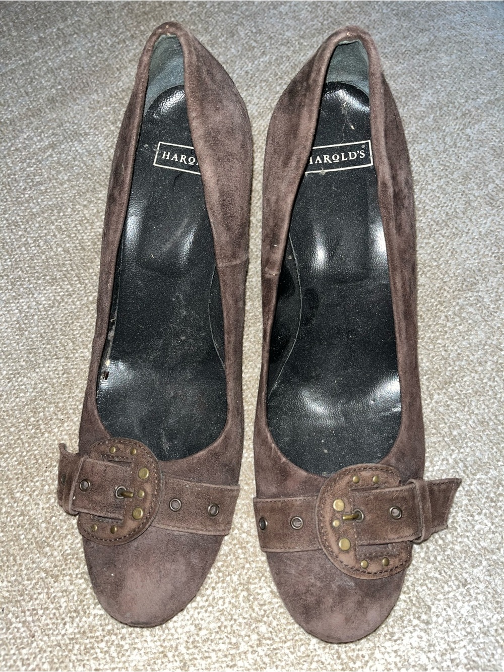 Harold's Dark Brown Suede Buckle Pumps - Women's Heels